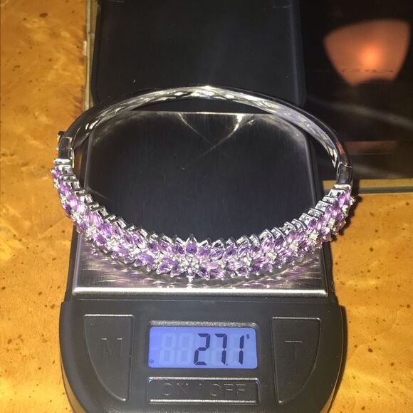 Natural African Amethyst Sterling Silver Bangle Bracelet - Picture 5 of 11